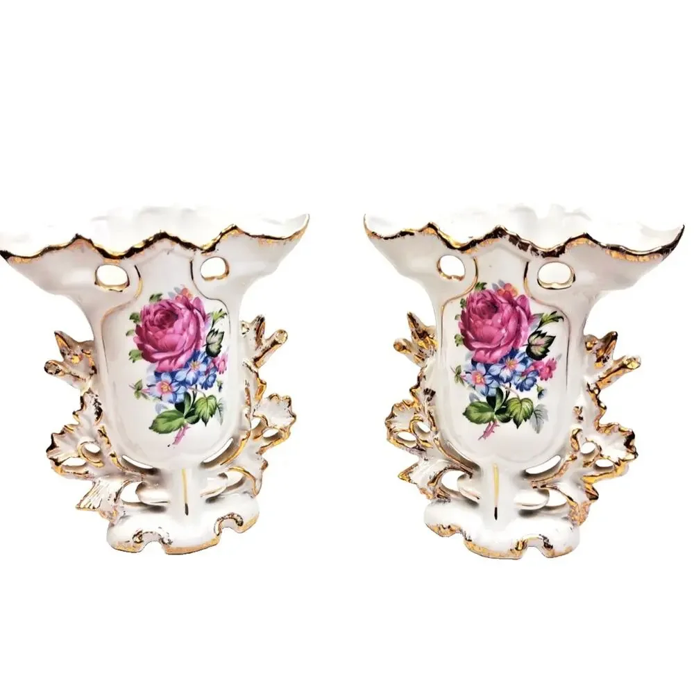 Pair Antique PORTUGAL Old Paris Style Spill Vases w Roses Daisies Circa 1900s